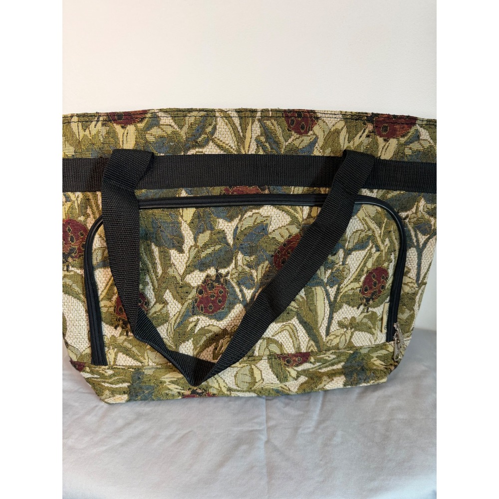 Bovano USA Vintage Tapestry Tote Bag Ladybug Botanical Woven Shoulder Bag Green